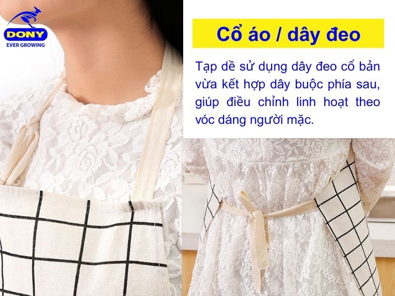 Tạp dề sử dụng dây đeo cổ bản vừa kết hợp dây buộc phía sau