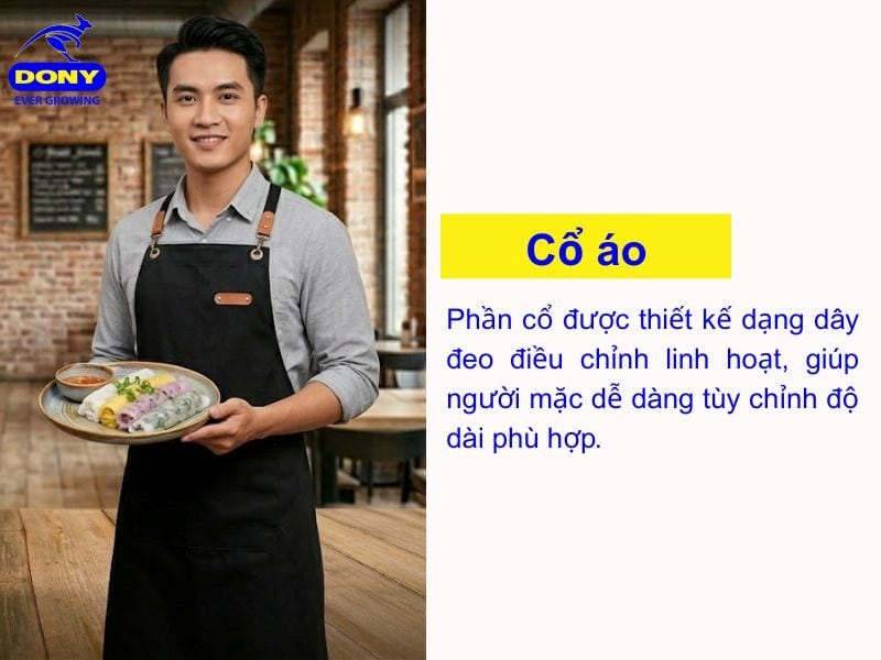 Phần cổ tạp dề nhà hàng được thiết kế dạng dây đeo điều chỉnh linh hoạt
