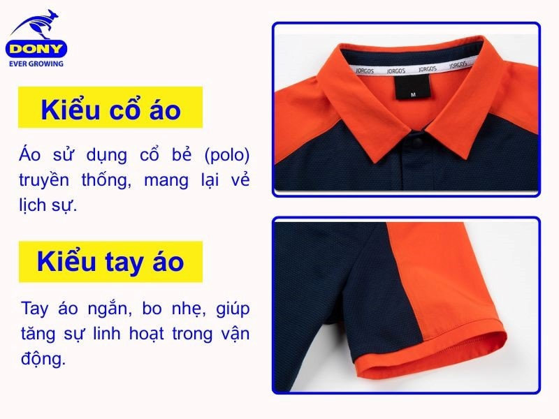 Áo sử dụng cổ bẻ (polo) truyền thống. Tay áo ngắn bo nhẹ