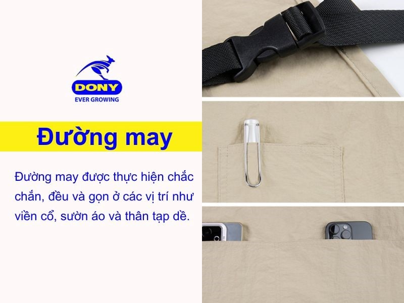 Đường may được thực hiện chắc chắn, đều và gọn ở các vị trí như viền cổ, sườn áo và thân tạp dề