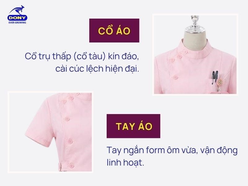 Thiết kế cổ trụ thấp (cổ tàu) giúp bộ đồng phục trông kín đáo