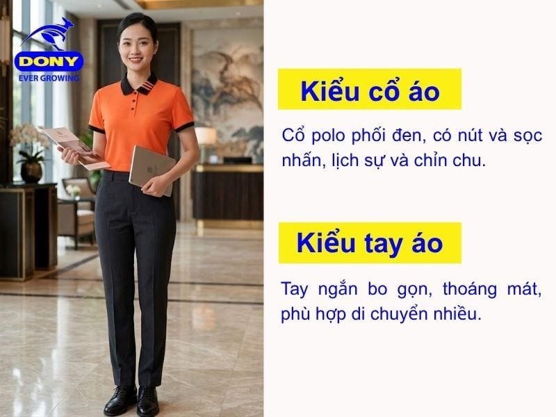 Cổ polo phối màu đen cùng hàng nút phía trước. Tay áo ngắn gọn gàng