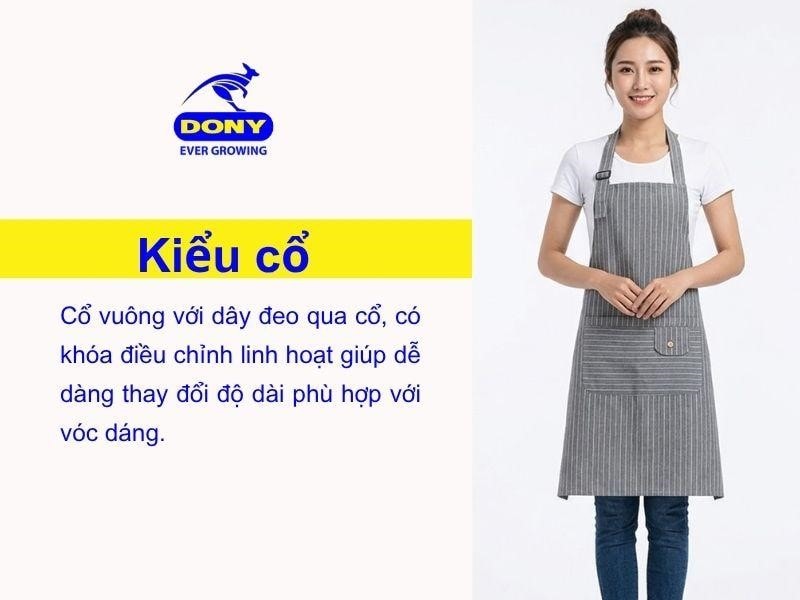Tạp dề được thiết kế kiểu cổ vuông với dây đeo qua cổ
