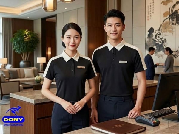 Áo thun đồng phục lễ tân được thiết kế theo form dáng polo hiện đại, vừa vặn cơ thể