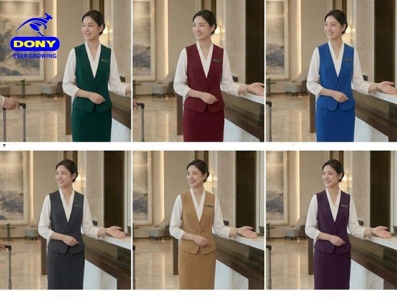DONY nhận sản xuất mẫu đồng phục lễ tân theo màu nhận diện thương hiệu.