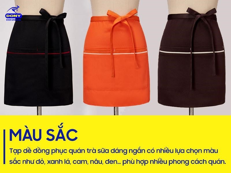 Tạp dề đồng phục quán trà sữa dáng ngắn có nhiều lựa chọn màu sắc như đỏ, xanh lá, cam, nâu, đen