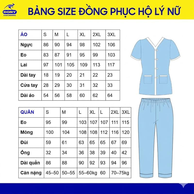 Bảng size đồng phục hộ lý