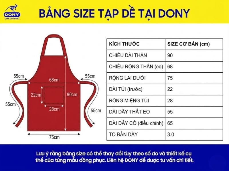 Bảng size tạp dề tại DONY