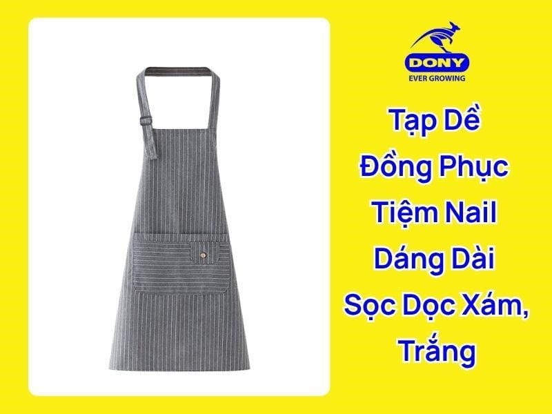 Mẫu tạp dề đồng phục tiệm nail dáng dài, sọc trắng xám