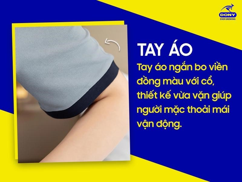 Tay áo ngắn bo viền đồng màu với cổ, thiết kế vừa vặn giúp người mặc thoải mái vận động