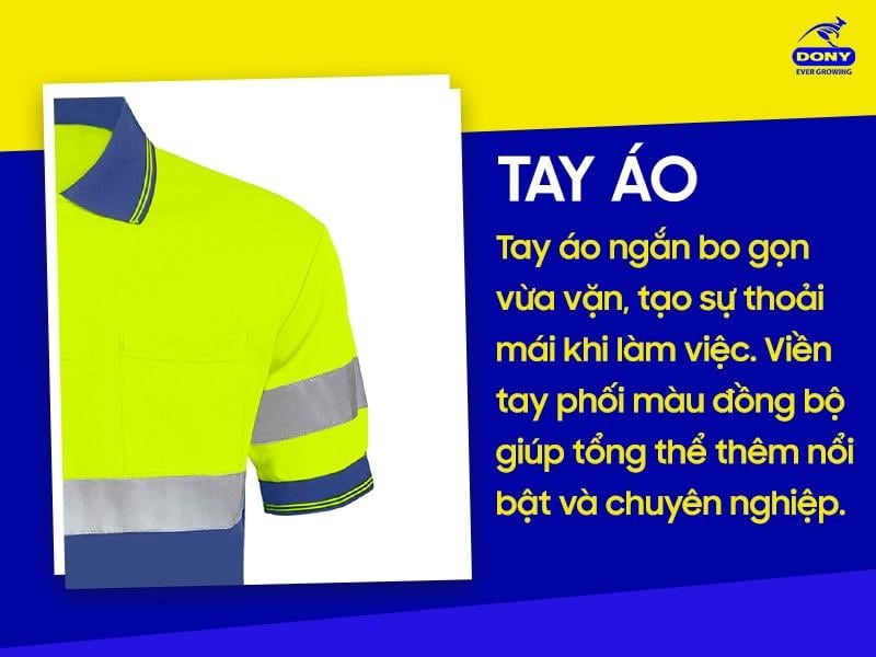 Tay áo ngắn bo gọn vừa vặn, tạo cảm giác thoải mái và linh hoạt khi thao tác làm việc