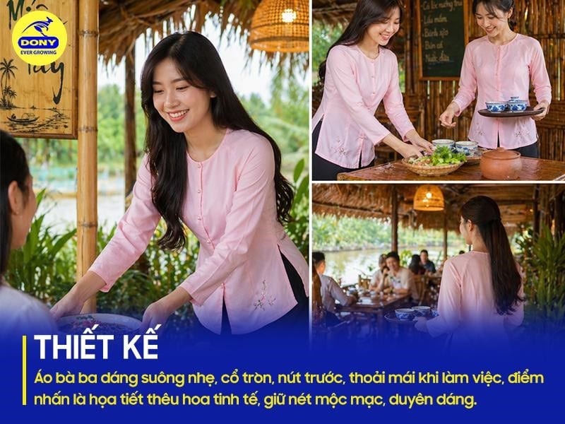 Áo bà ba dáng suông nhẹ, cổ tròn, hàng nút trước, tạo sự thoải mái khi làm việc