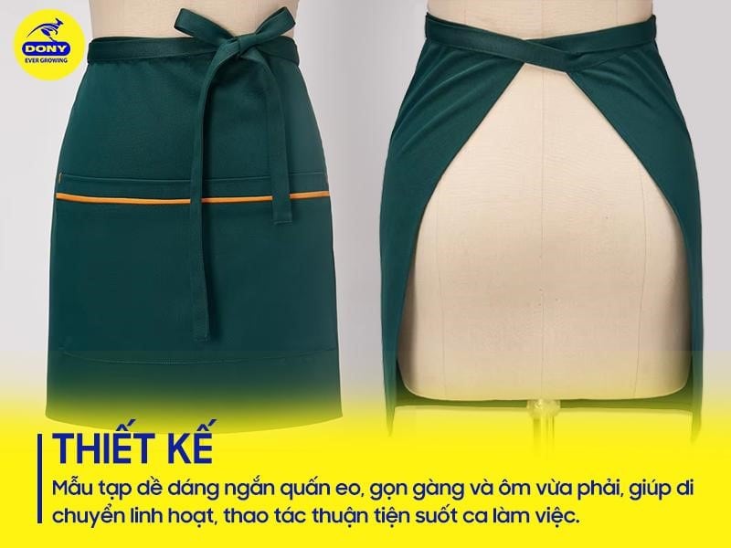 Mẫu tạp dề này được thiết kế theo kiểu quấn eo dáng ngắn, giúp người mặc di chuyển linh hoạt