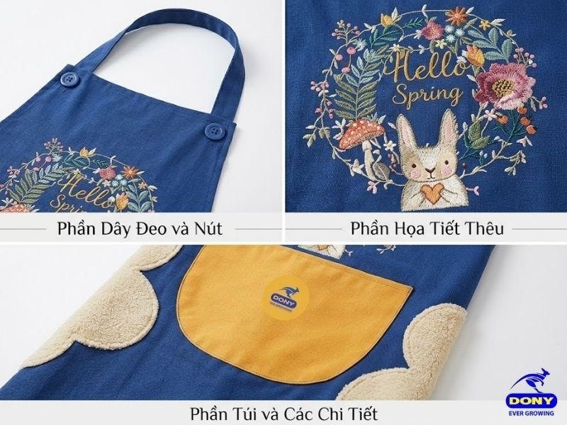 Mẫu tạp dề sở hữu thiết kế cổ yếm dáng dài, che chắn tốt từ ngực đến đầu gối