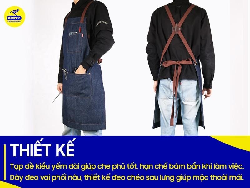 Mẫu tạp dề này được thiết kế theo kiểu yếm dài, che phủ tốt phần thân trước để hạn chế bám bẩn