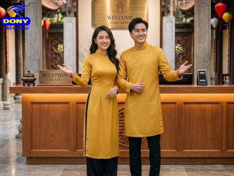 đồng phục lễ tân áo dài cách tân màu vàng