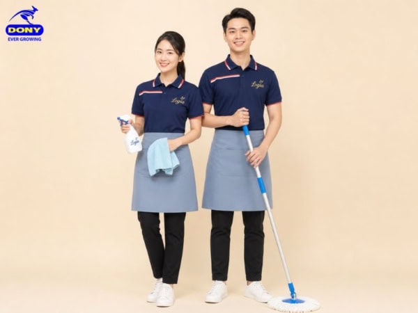 áo polo đồng phục tạp vụ phối tạp dề ngắn