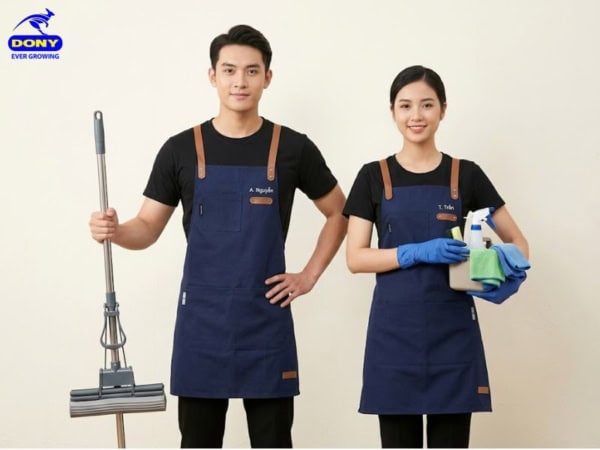 áo thun tạp vụ màu đen phối tạp dề yếm