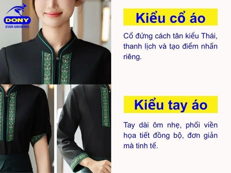 Áo sử dụng cổ đứng cách tân kiểu Thái, tay dài ôm nhẹ