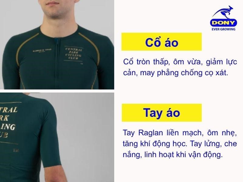 Áo sử dụng cổ tròn thấp, ôm vừa vặn giúp tối ưu khí động học