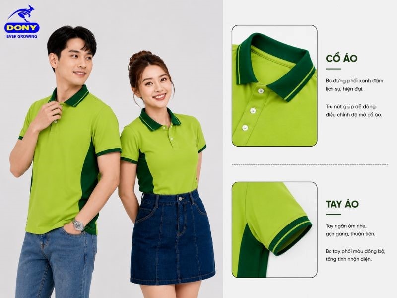 Cổ áo polo dạng bo đứng phối xanh đậm, tay áo ngắn bo gọn gàng
