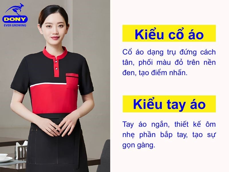 Cổ áo dạng trụ đứng cách tân, tay áo ngắn ôm nhẹ gọn gàng