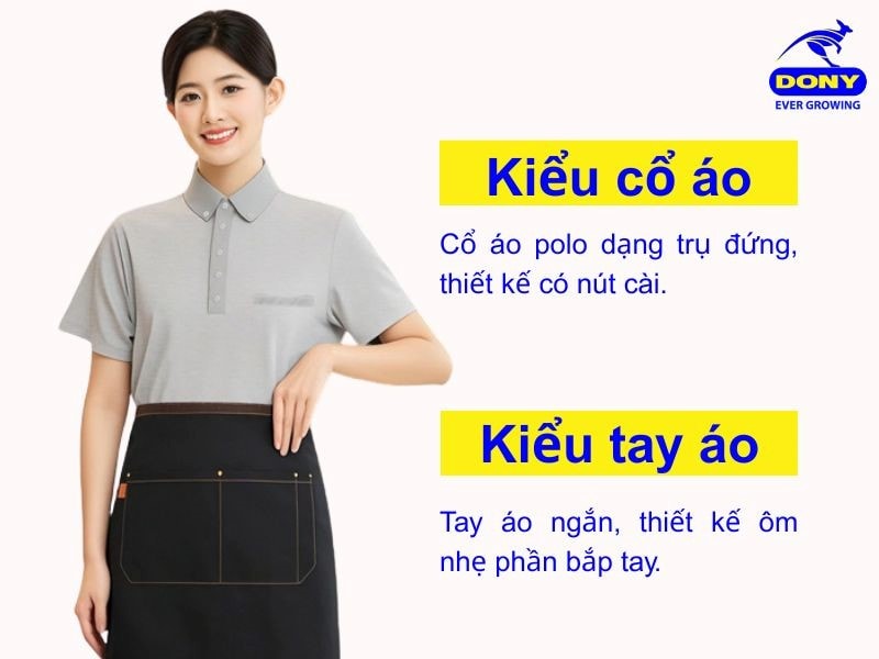 Cổ áo polo dạng trụ đứng, tay ngắn gọn gàng