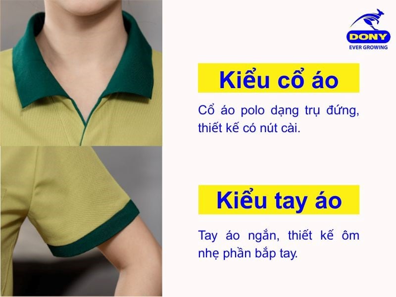 Cổ áo polo dạng trụ, tay áo ngắn ôm nhẹ