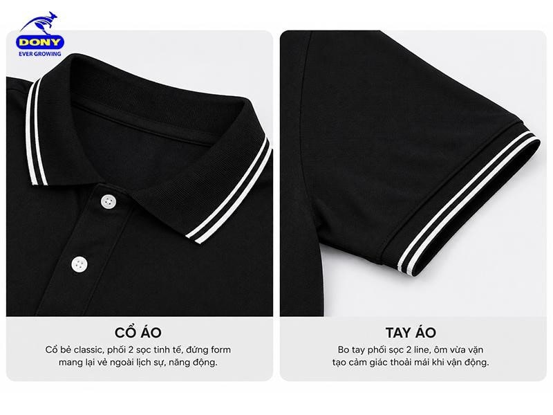 Phần cổ polo phối viền trắng tạo điểm nhấn thể thao tinh tế. Tay bo nhẹ