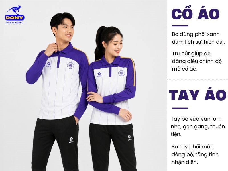 Cổ áo dạng cổ lọ thể thao phối khóa kéo ngắn phía trước, tay áo dài ôm gọn vừa phải.