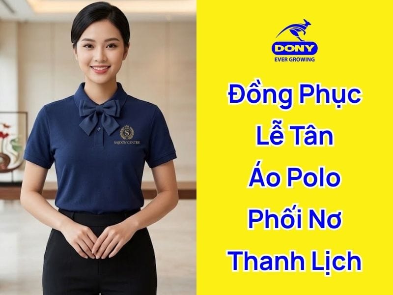 mẫu đồng phục lễ tân áo polo phối nơ