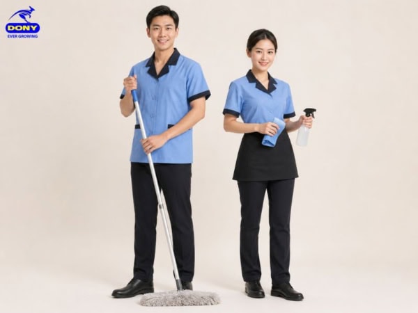 đồng phục tạp dề xanh dương phối tạp dề ngắn
