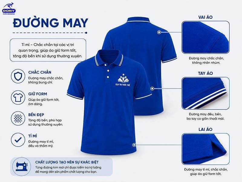 Đường may được gia công kỹ lưỡng, đều đẹp và chắc chắn ở các vị trí như vai áo, tay áo và lai áo