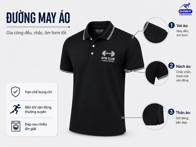 Áo được gia công với hệ thống đường may đều, chắc và ôm form tốt ở các vị trí vai, nách và thân áo