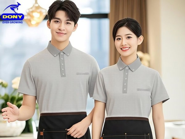 Mẫu áo thun đồng phục nhà hàng màu xám thanh lịch