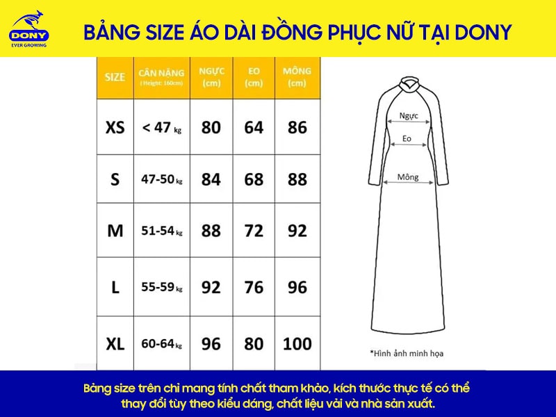 size áo dài đồng phục nữ