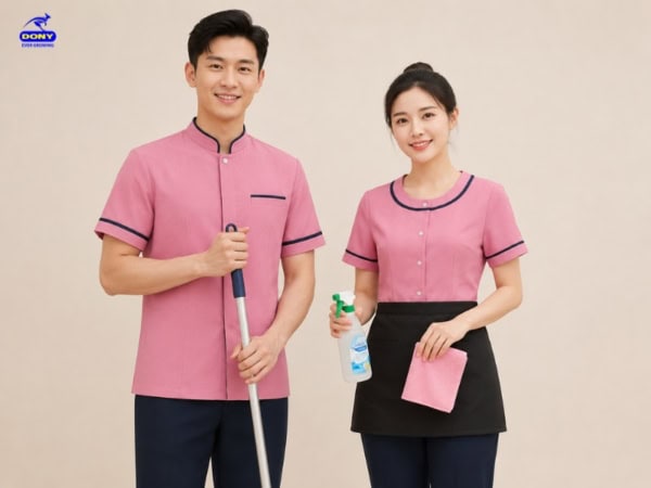 đồng phục tạp vụ màu hồng tay ngắn