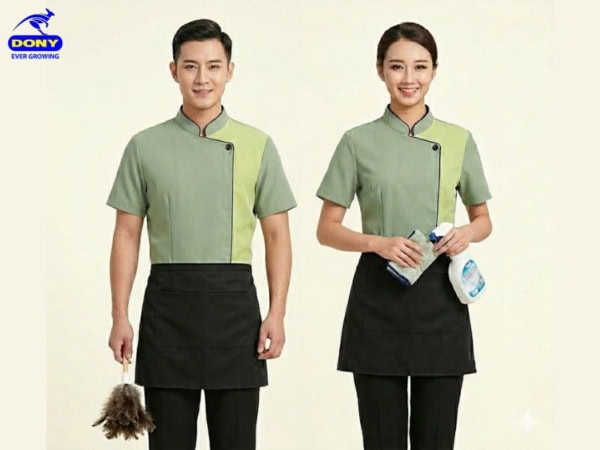tap vụ sơ mi cổ tàu phối tạp dề