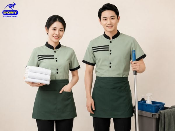 tạp vụ sơ mi phối tạp dề xanh lá