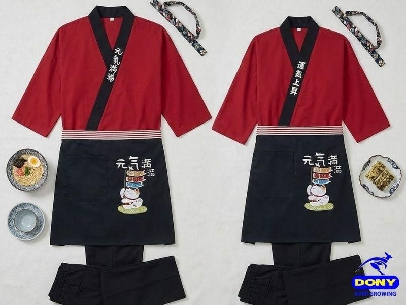 Đồng phục gồm áo kimono dáng ngắn kết hợp tạp dề phía trước và quần tây