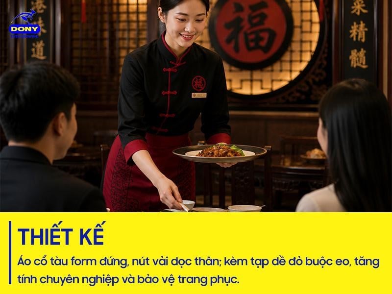 Áo thiết kế theo kiểu cổ tàu truyền thống, form đứng gọn gàng, kết hợp hàng nút bấm vải