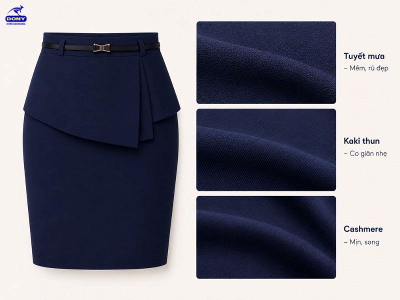 Các chất liệu vải: tuyết mưa, kaki thun, cashmere hoặc các loại vải pha sợi cao cấp