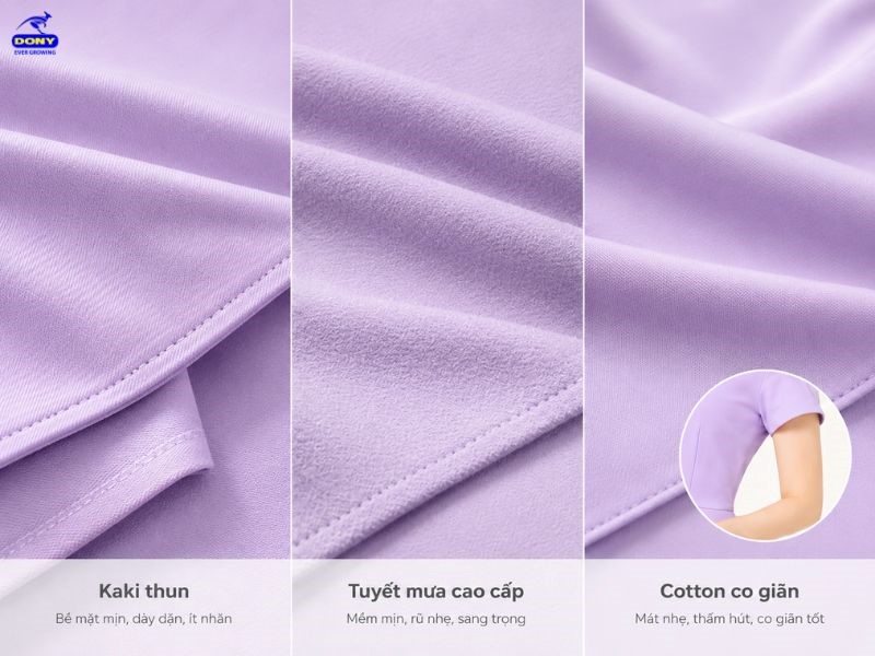 DONY ưu tiên các dòng vải đồng phục chất lượng như tuyết mưa cao cấp, kaki thun, cotton co giãn