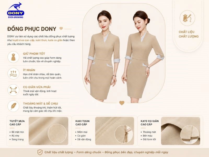 DONY ưu tiên sử dụng các chất liệu đồng phục chất lượng như tuyết mưa cao cấp, kaki thun, kate co giãn