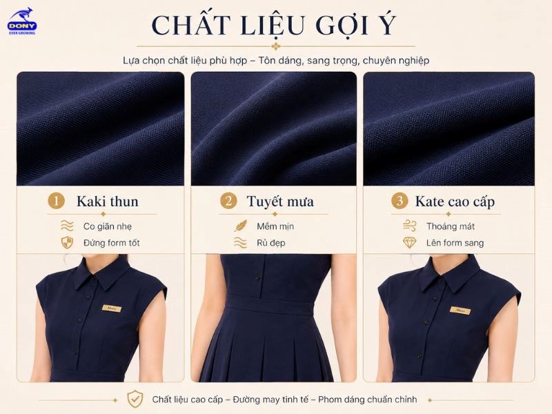 DONY sử dụng nhiều dòng vải đồng phục chất lượng như tuyết mưa, kaki thun, kate