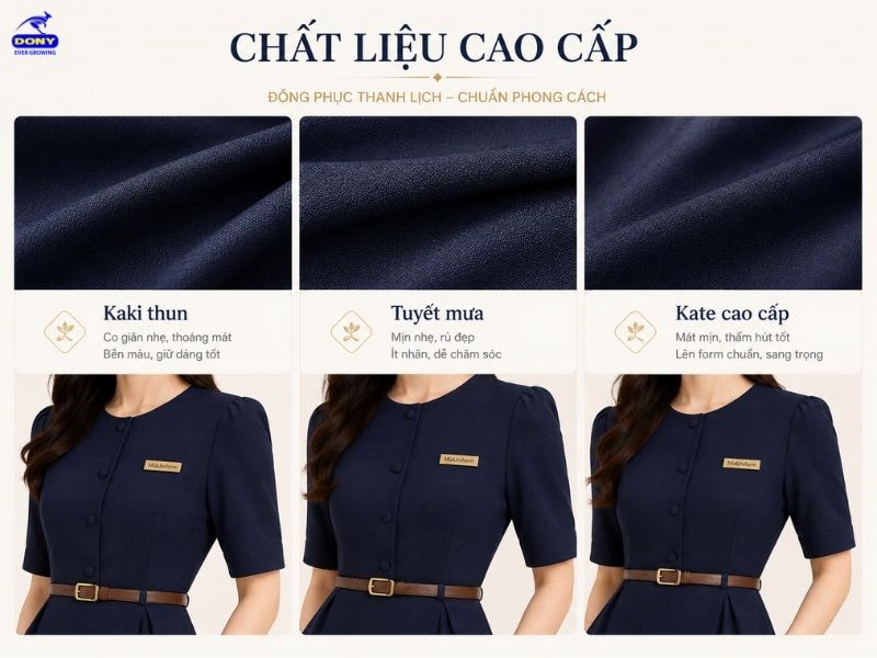 Mẫu đầm có nhiều lựa chọn với chất liệu vải đồng phục có độ bền cao như kaki thun, tuyết mưa, kate cao cấp