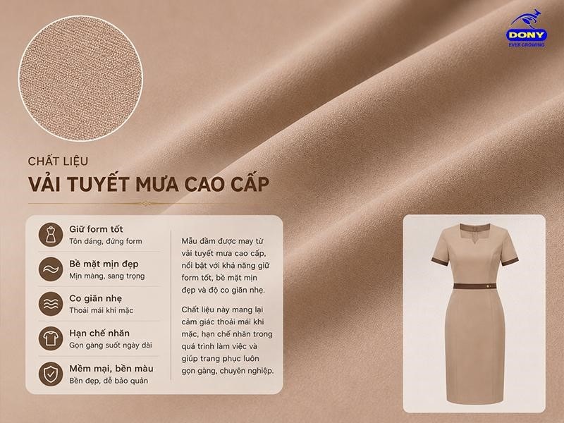 Mẫu đầm được may từ vải tuyết mưa cao cấp, nổi bật với khả năng giữ form tốt