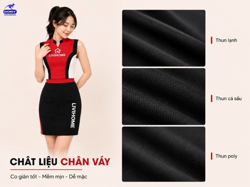 Đồng phục PG này được may từ các dòng vải thun co giãn cao cấp như thun lạnh, thun cá sấu, thun poly