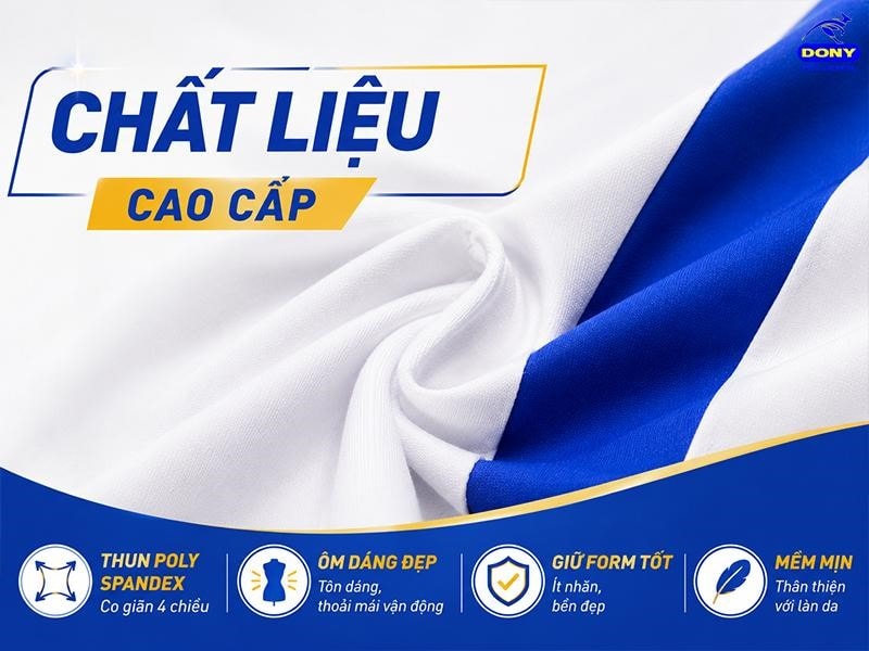 Mẫu đồng phục PG sự kiện màu trắng phối xanh được may từ vải thun poly spandex co giãn 4 chiều