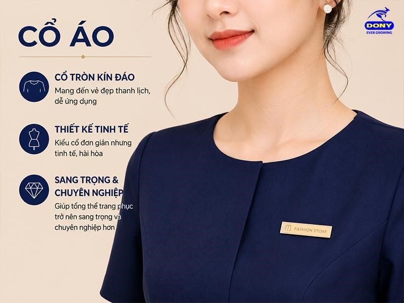 Thiết kế cổ tròn kín đáo mang đến vẻ đẹp thanh lịch và dễ ứng dụng trong nhiều môi trường kinh doanh